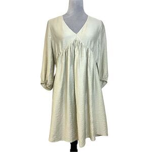 H&M Beige V-Neck Knee Length Dress S Balloon Sleeves Summer Lightweight Party